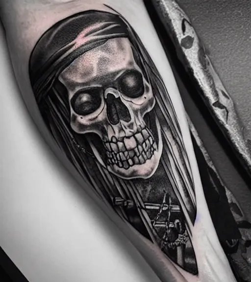 Image similar to A realistic tattoo design of a pirate ship, white background, black and white, highly detailed tattoo, realistic tattoo, realism tattoo, beautiful shades