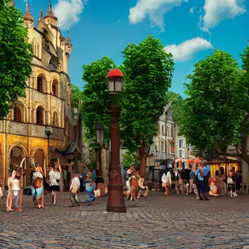 Prompt: main street of medieval themed park, cobblestone streets and tourists taking photos, photorealistic 8k