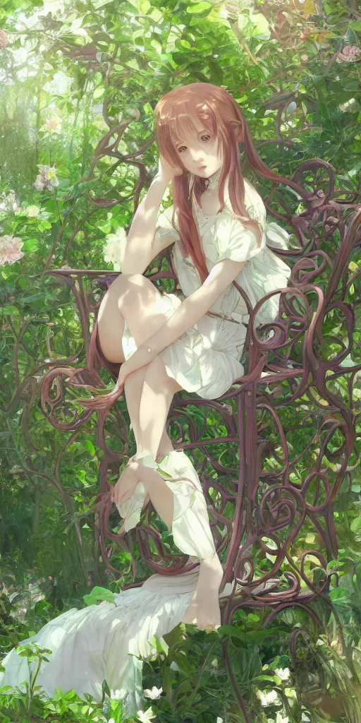 Prompt: a digital art of a loli with long hair in a dress sitting on a metal garden chair in the privet garden at afternoon, green and warm theme, back lighting, by krenz cushart and mucha and greg rutkowski and makoto shinkai, extremely long shot, detailed eyes, 4 k resolution, trending on art station