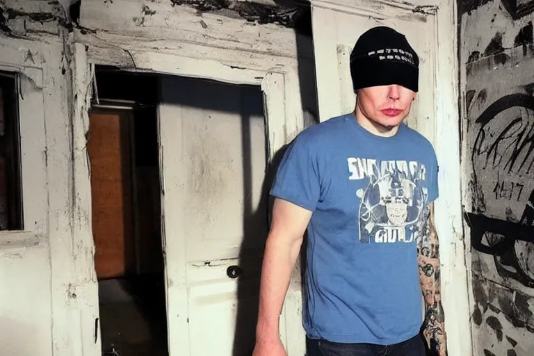 Image similar to medium full shot of elon musk as a gang member wearing a blue head covering made from a polyester or nylon material and a stained white tank top caught doing crack inside a detroit gang trap house, arms covered in gang tattoo, paparazzi, leaked footage, uncomfortable, bad quality