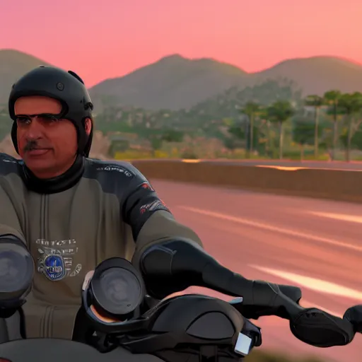 Image similar to a photo of jair messias bolsonaro driving a motorcycle in direction of a sunset, unreal engine 5, 4 k