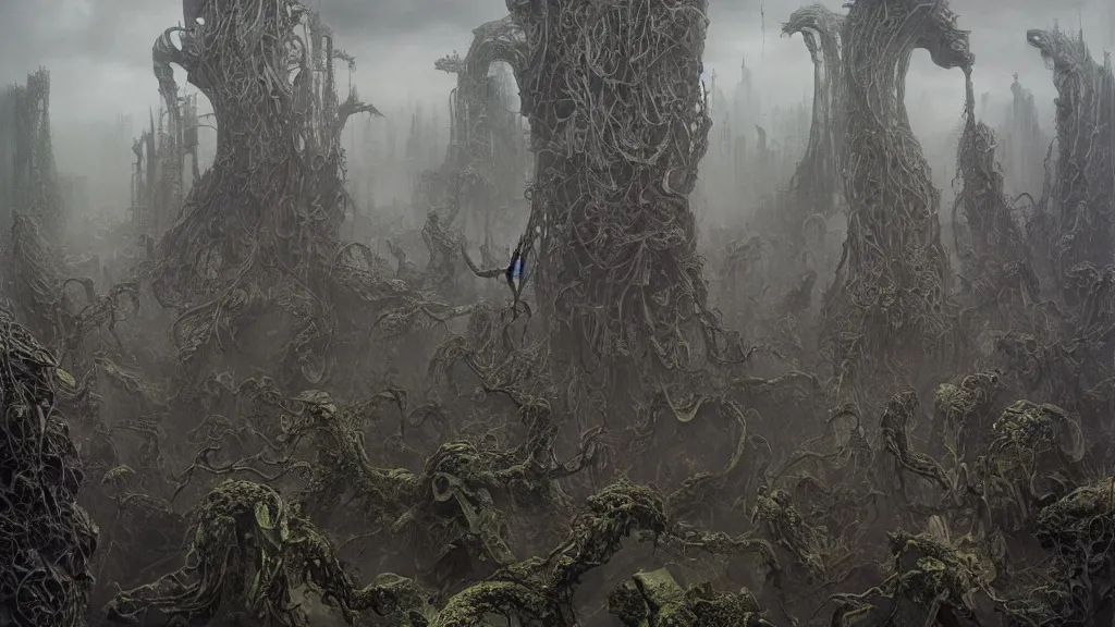 Image similar to Gnarly snakes bursting out of a dark mossy futuristic city, digital art by Zdzisław Beksiński , Ruan Jia, Rudolf Béres, Tsutomu Nihei