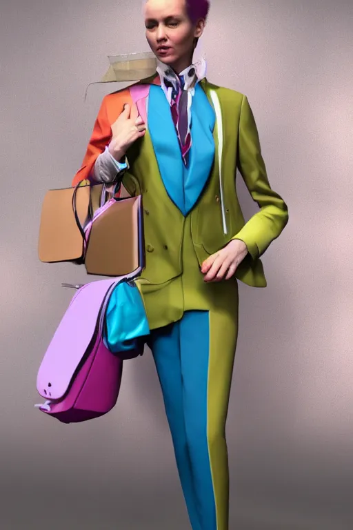 Prompt: a character wearing a super colorful muted color diy! suit, vivienne westwood!, detailed photoreal render octane render