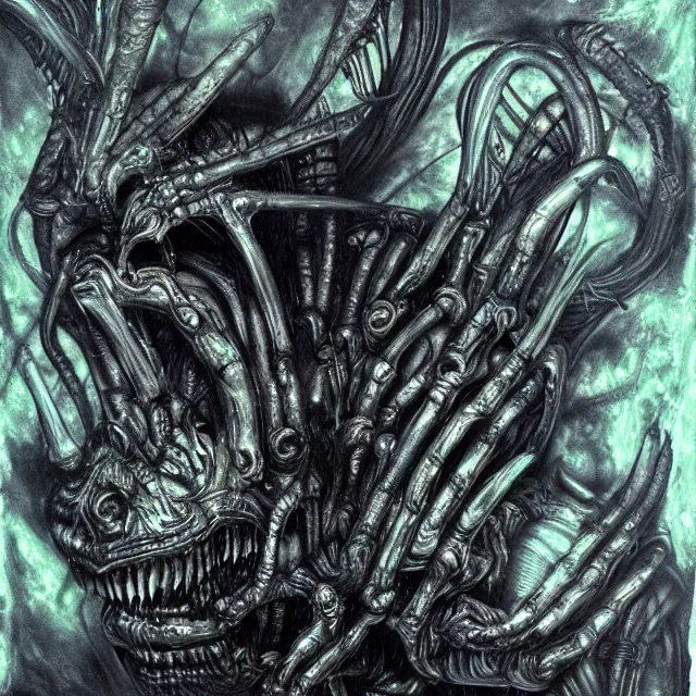 Prompt: a giger demon with fluorescent flesh, wispy ink horrors, prismatic neon glow backdrop, photo pic by hyperrealism