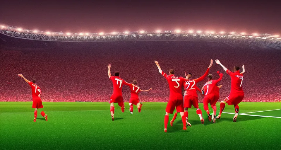 Image similar to soccer goal moments, players, people, football club spartak moscow wins the 2 0 2 4, champions league, final at wembley stadium, soviet realism style, 8 k