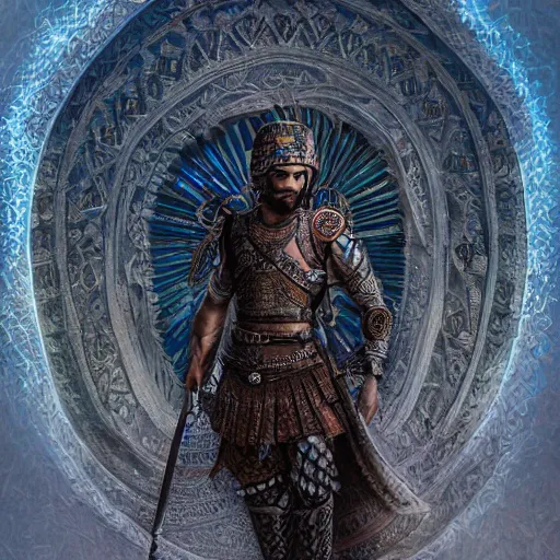 Image similar to “ full body, afghan warrior, an afghan male type, standing in - front of an afghan castle, highly intricate detailed, light and shadow effects, intricate, highly detailed, digital painting, art station, concept art, smooth, sharp focus, illustration, advanced digital art, atmospheric lighting, detailed face, 8 k, hq ”