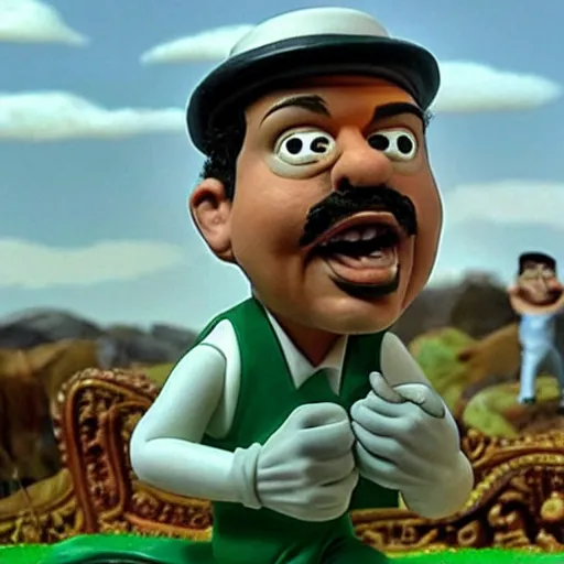 Image similar to beautifully rendered, masterpiece, caricature, claymation, luis guzman as luigi making absurd silly looking faces