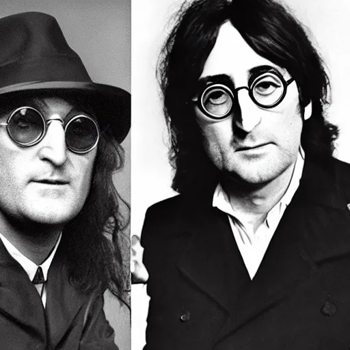 Image similar to 80-year old John Lennon and 45 year-old Sean Lennon posing together