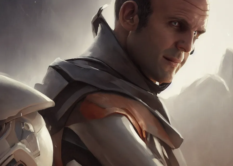 Image similar to painting portrait of Emmanuel Macron dressed as Arcann and as Thexan in Star Wars, sharp focus, waist up, trending on ArtStation, masterpiece, by Greg Rutkowski, by Ross Tran, by Fenghua Zhong, octane, clear eyes, soft render, clear facial features, oil on canvas, moody lighting, cinematic, professional environment concept art