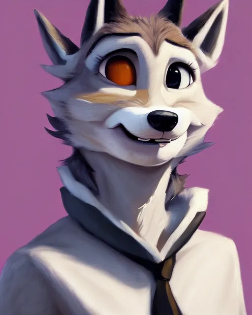 Image similar to oil painting of anthromorphic female wolf, in style of cory loftis, fursona, furry, furaffinity, 4 k, deviantart, furry art, fursona art, wearing black business suit, business suit, in style of zootopia, wolf fursona, cyberpunk, female, very very very expressive detailed feminine face,