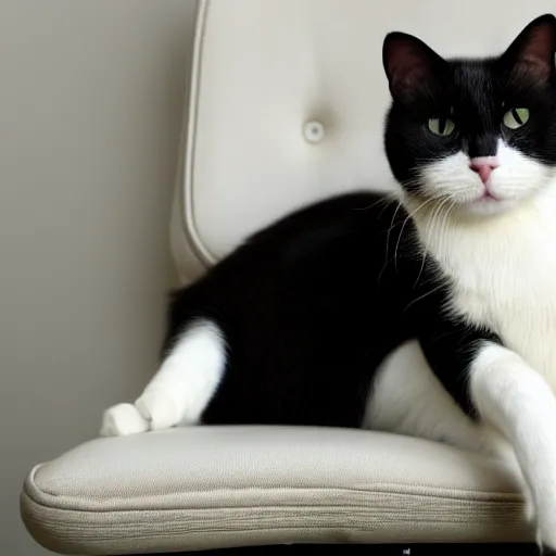 Prompt: a white cat and a black cat sleeping on an office chair. dslr photo