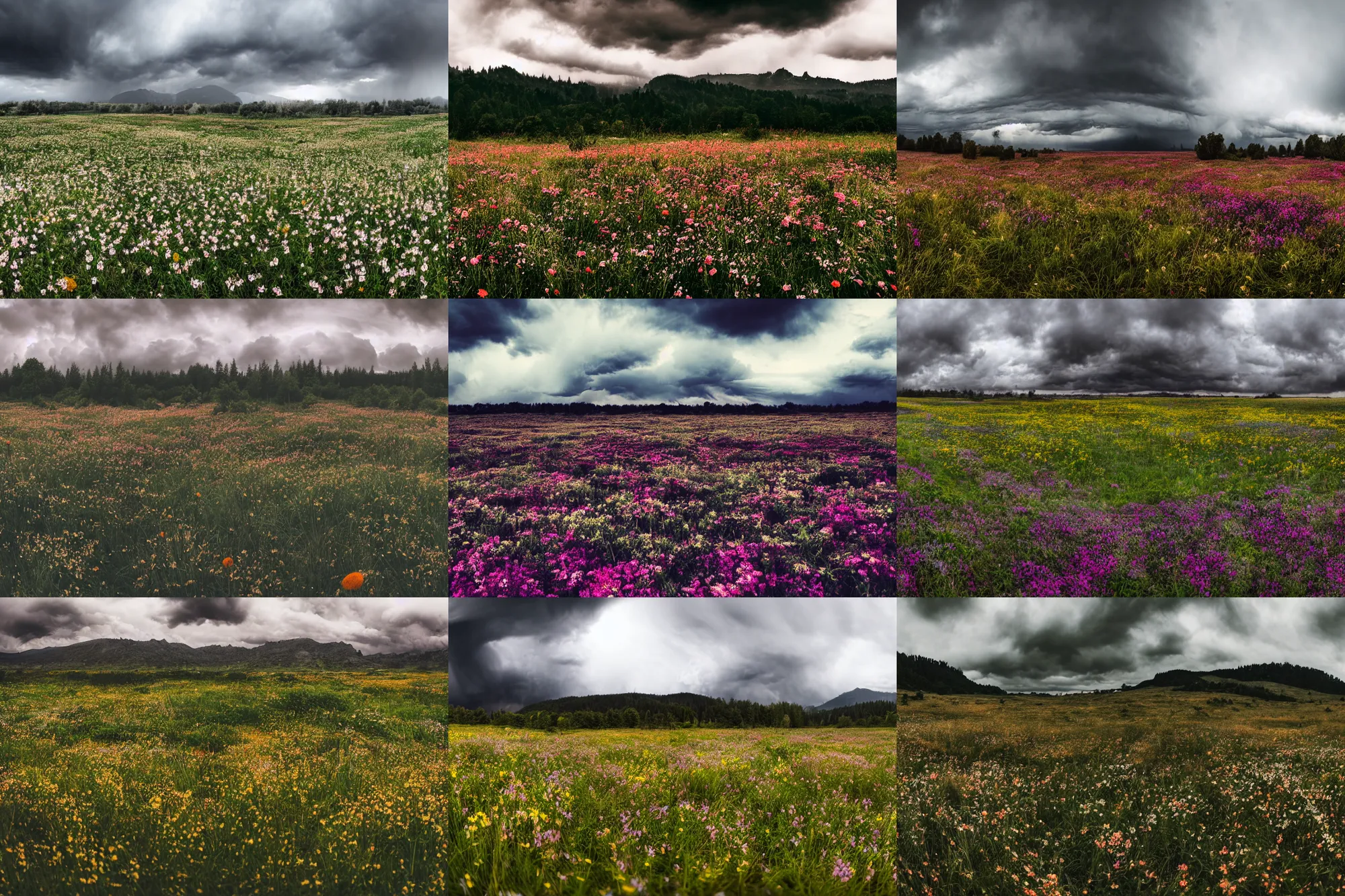 Prompt: 50mm DSLR photograph of a very moody flower meadow with moody storm clouds, photography, panoramic view, Hyperdetailed, photorealistic, Unsplash