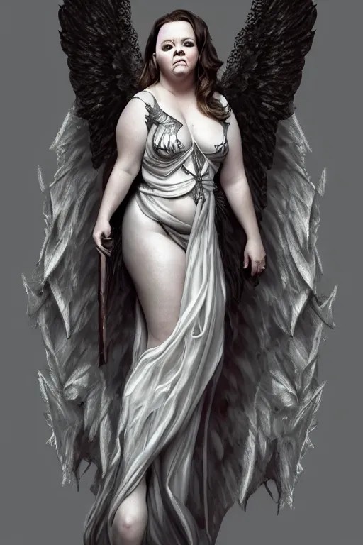 Prompt: Full body potrait of Melissa McCarthy as and angel , angel is partly draped with bones, angel,is split in two with smoke, fantasy, intricate, elegant, highly detailed, digital painting, artstation, woman is curved, concept art, smooth, sharp focus, illustration, art by Ilja Repin