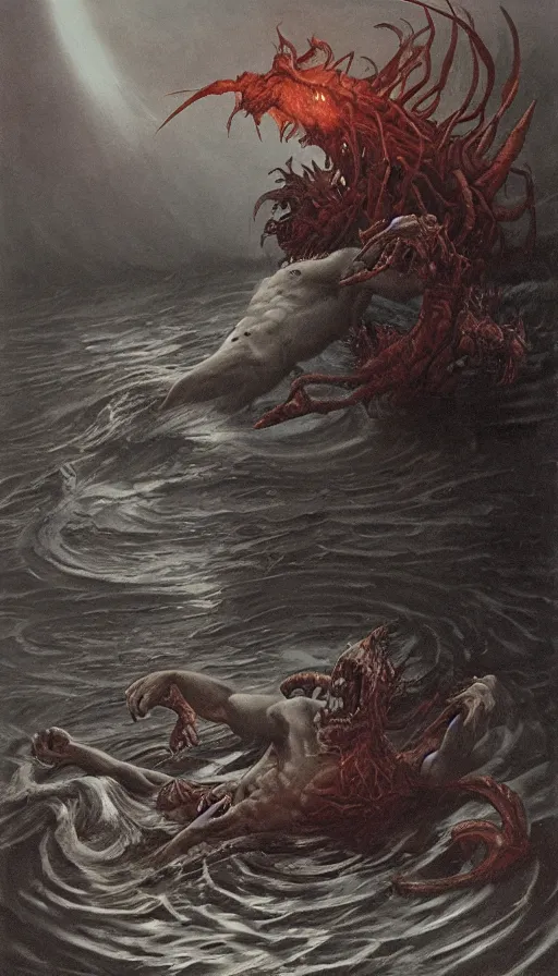 Image similar to man on boat crossing a body of water in hell with creatures in the water, sea of souls, by gerald brom,