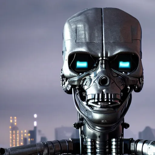 Prompt: closeup on the head of a terminator with borg enhancements, cameras for eyes, open head without plating and all components and gears are visible inside, ultra detailed 8k. There is a dystopian city in the background. Rendered with unreal 5 engine with ray tracing and tessellation