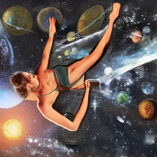 Image similar to female yoga instructor holding planet in space, trending on art station, 8 k