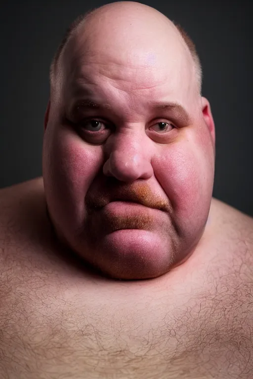 Image similar to studio portrait of man, 4 0 years, bald, obese, unshaven, homer simpson lookalike, looks like a real life version of homer simpson, soft light, black background, fine skin details, award winning photo by annie leibovitz