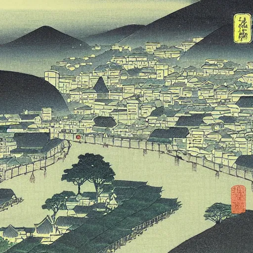 Prompt: a city by tomioka tessai ( 1 8 3 7 - 1 9 2 4 )