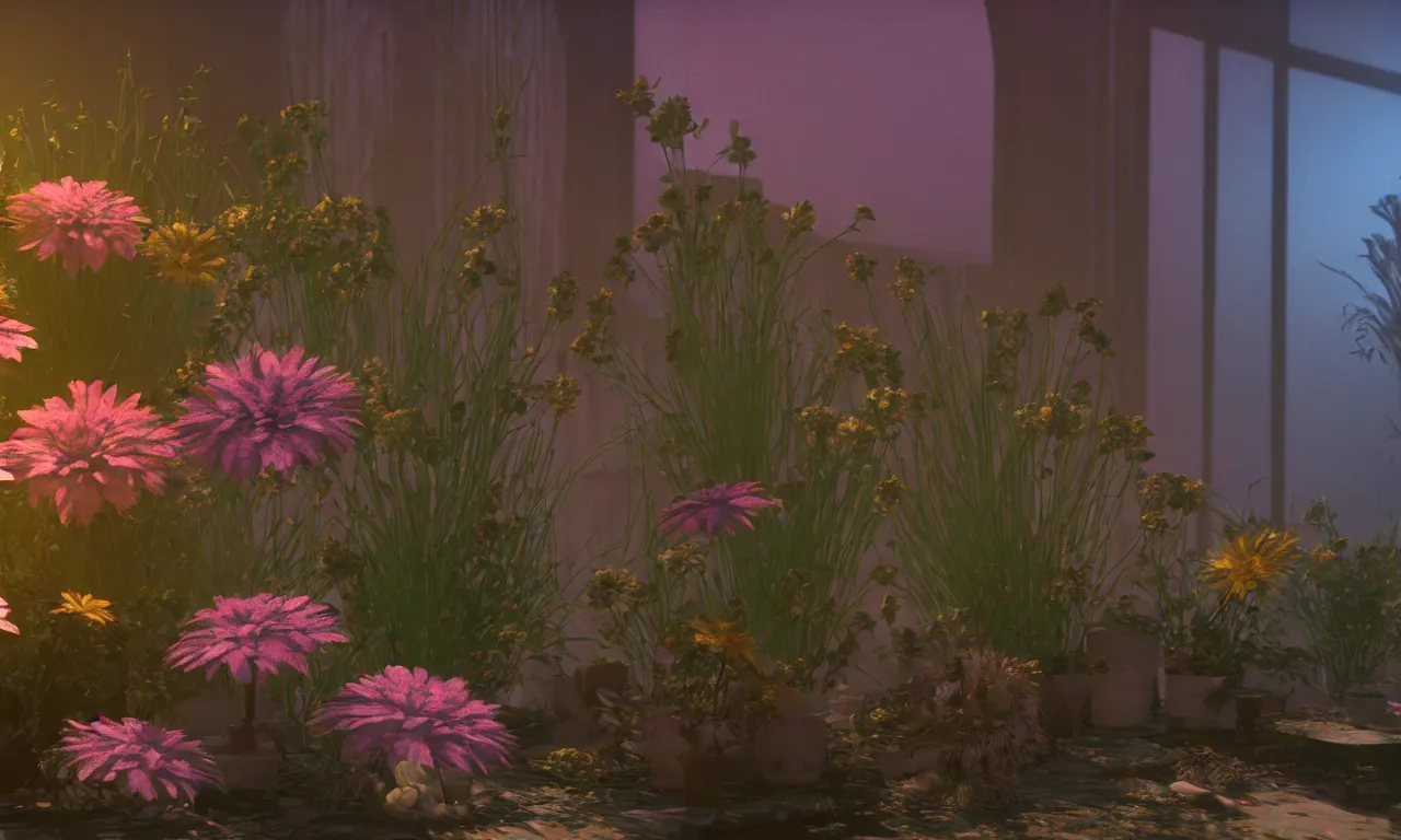 Prompt: hazy punk flowers diorama fused into epoxide, high specular detail, raytracing, translucency, raymarching, image from new movie by digital domain and weta digital, strong ambient occlusion