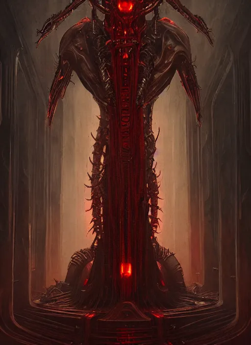 Prompt: masterpiece, infernal lady concept art, stylized, doom, elegant, imperial, epic, intricate art by h. r. giger, greg rutkowski, josan gonzalez, zdizslaw beksinski, biomechanical, crimson darkness, hellscape