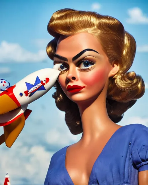 Image similar to closeup face profile portrait of a tin toy retro 1 9 5 0 s cara delevingne at a rocket launch, bikini, depth of field, zeiss lens, fashion photoshoot by nicoletta ceccoli, mark ryden, lostfish, breathtaking, detailed and intricate environment, 8 k resolution, extremely detailed, beautiful, establishing shot, artistic, hyperrealistic, octane render