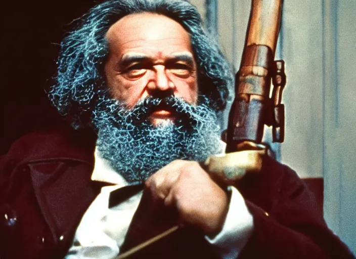 Image similar to very detailed 70s movie still of one Karl Marx with a kalachnikov, cinestill 800t 10mm 4k, grainy picture cinematic dramatic light