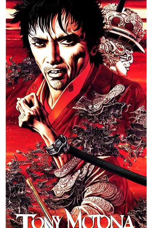 Image similar to poster of tony montana as a samurai, by yoichi hatakenaka, masamune shirow, josan gonzales and dan mumford, ayami kojima, takato yamamoto, barclay shaw, karol bak, yukito kishiro