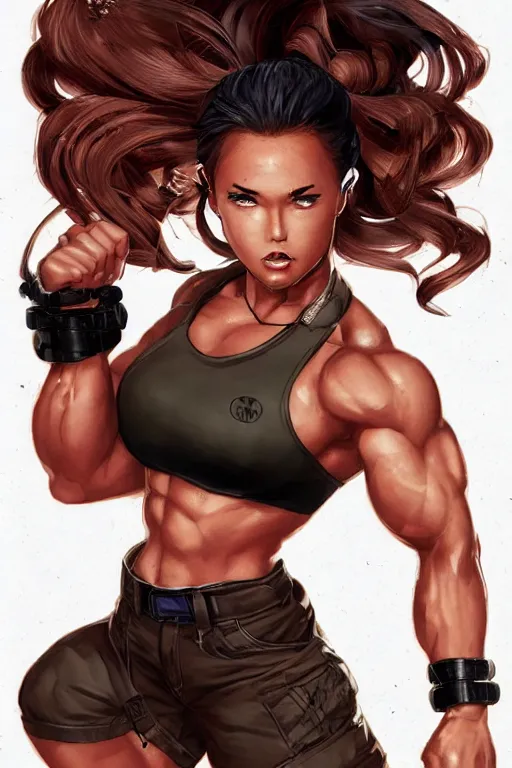 Prompt: a hyper muscular woman, bronze - skinned, blue - eyes, wearing a black cropped tank top, military pants, brown boots, wavy big red hair, 8 0's hairstyle, red lips, action pose, art by tetsuo hara, shinkiro, cutesexyrobutts, bengus, trending on art station, illustration, action scene, full body