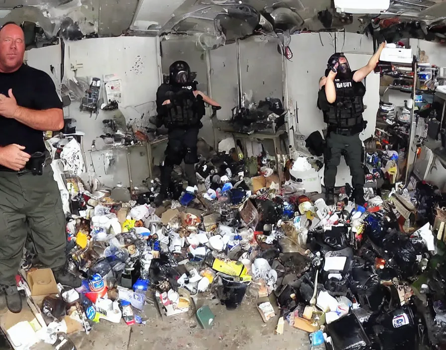 Image similar to Alex Jones in his garage office youtube studio fighting SWAT police, surrounded by boxes of herbal supplements and trash, a group of SWAT police, tear gas and smoke, detailed photograph high quality