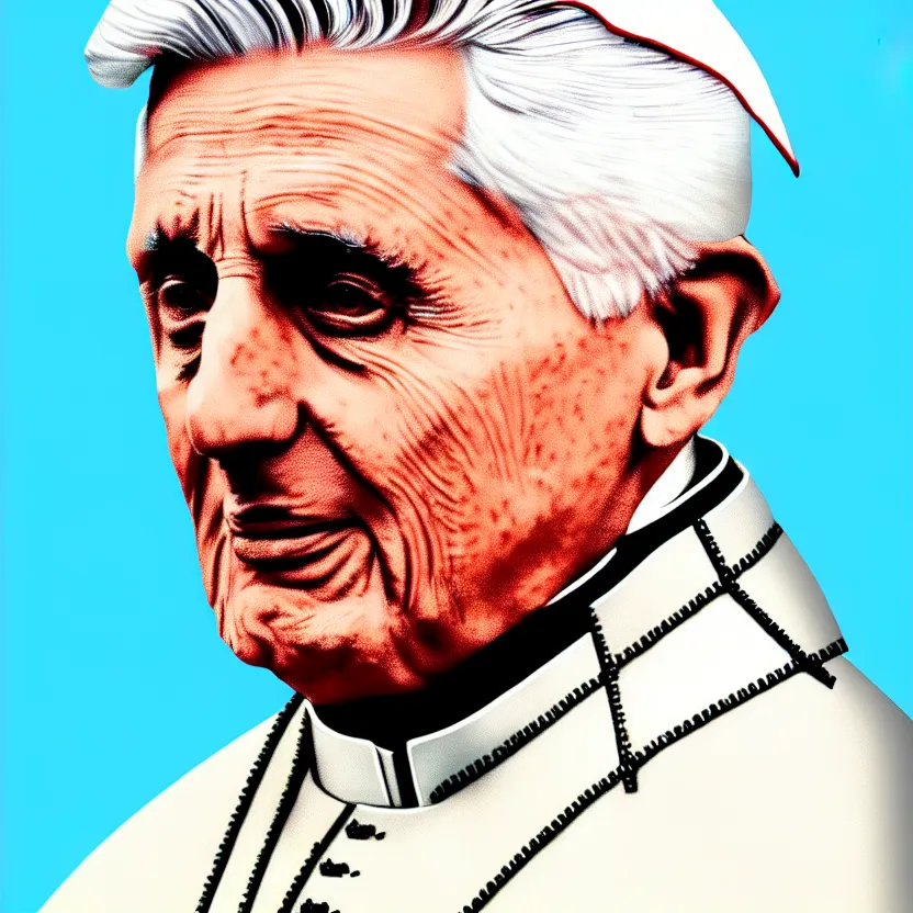 Image similar to portrait of pope benedict xvi screen print. pop art, high detail 8 k