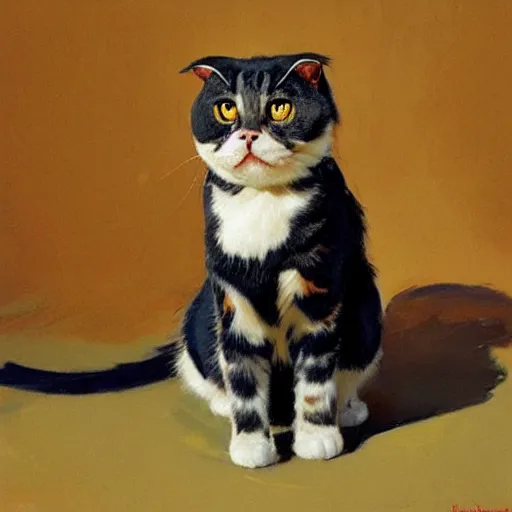 Prompt: A Scottish Fold cat standing up, by studio ghibli painting, by Joaquin Sorolla rhads Leyendecker, An aesthetically pleasing, dynamic, energetic, lively, well-designed digital art, by Ohara Koson and Thomas Kinkade, traditional Japanese colors, superior quality, masterpiece