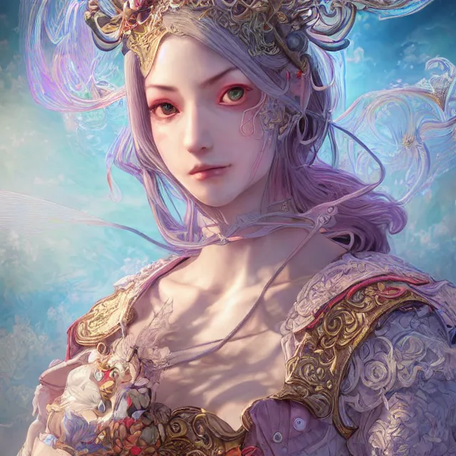 Prompt: studio portrait of neutral good rainbow colorful female cleric bard healer as absurdly beautiful, elegant, young skinny sensual european gravure idol, an ultrafine hyperdetailed illustration by kim jung gi, intricate linework, detailed faces, super sharp focus, bright colors, octopath traveler, final fantasy, unreal engine 5 highly rendered, global illumination, radiant light, detailed and intricate environment