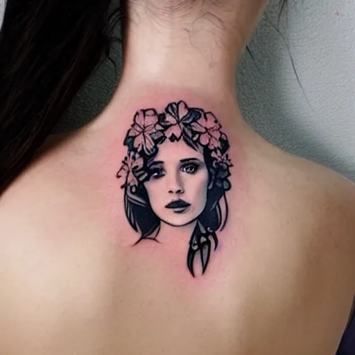 Prompt: tattoo design, stencil, Robin Tunney with flowers in her hair by artgerm, cat girl, sexy s- 100