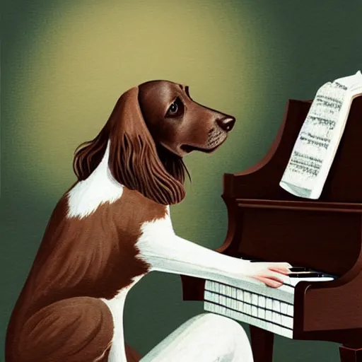 Image similar to a brown spaniel with a white chest , sat down playing a grand piano.modern. book illustration, lighting. Artwork. no text