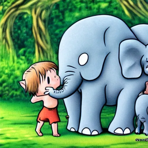 Image similar to cute cartoon mama elephant hugging baby elephant in the Indian jungle, Ghibli