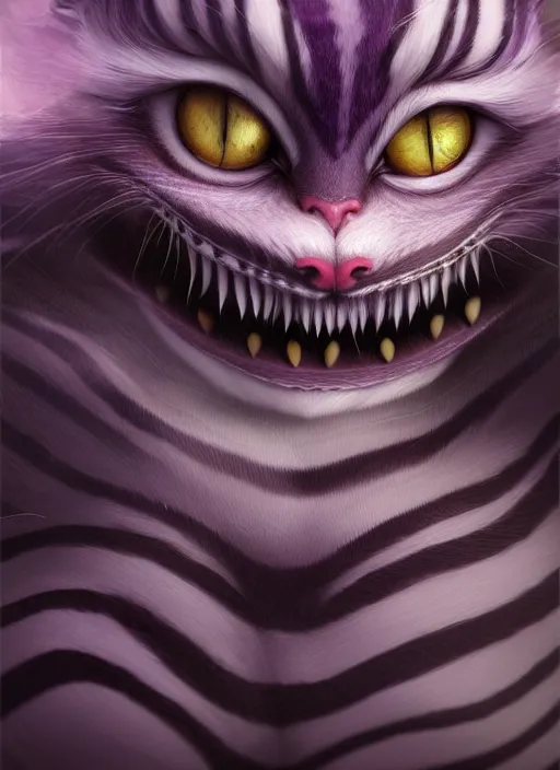 Prompt: cheshire cat, realistic, intricate, elegant, highly detailed, digital painting, artstation, concept art, smooth, sharp focus, illustration, art by wlop