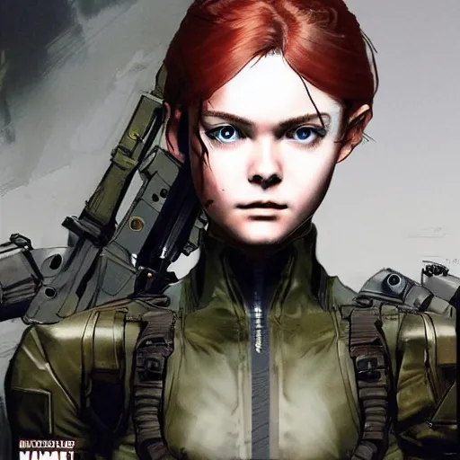 Prompt: a hyper real illustration of Elle Fanning in Metal Gear Solid by Yoji Shinkawa