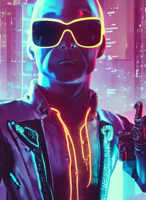 Prompt: Cyberpunk Saitama wearing sunglasses coming out from foggs, Neon, agent, cool pose, light atmosphere, cinematic shot, intricate, ornate, photorealistic, ultra detailed, realistic, 100mm, photography, octane, high definition, depth of field, bokeh, 8k, artstation