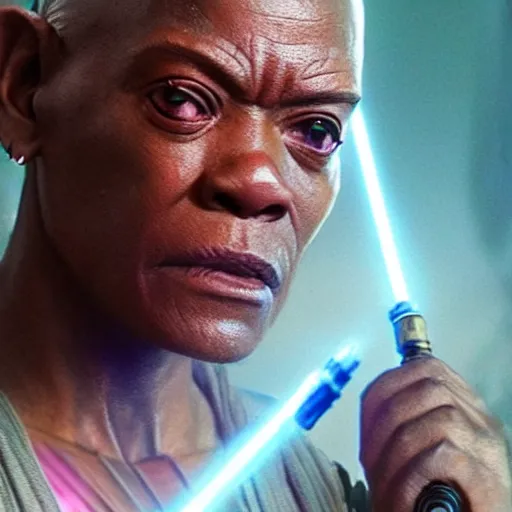 Image similar to a picture of rey and mace windu combined, detailed, 4 k, realistic, accurate