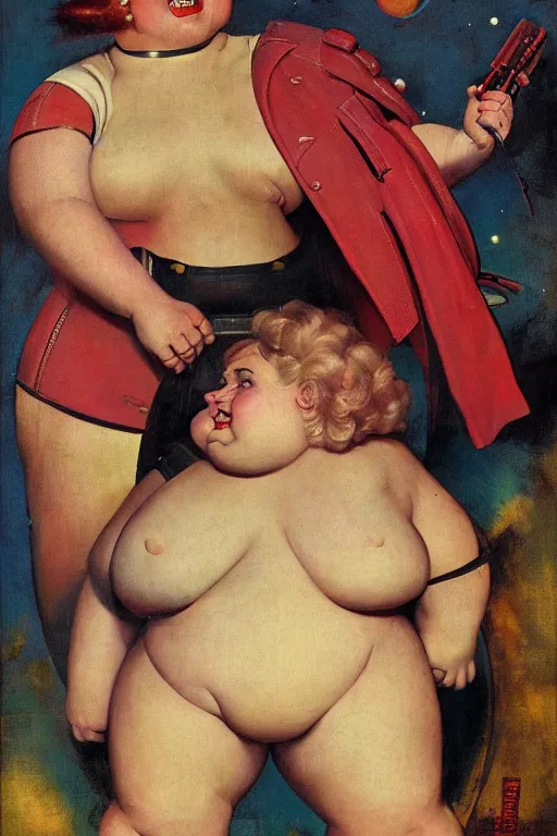 Image similar to 5 0 s pulp scifi fantasy illustration head and upper body portrait cheerful obese woman in leather spacesuit by norman rockwell, roberto ferri, daniel gerhartz, edd cartier, jack kirby, howard v brown, ruan jia, tom lovell, frank r paul, jacob collins, dean cornwell, astounding stories, amazing, fantasy, other worlds