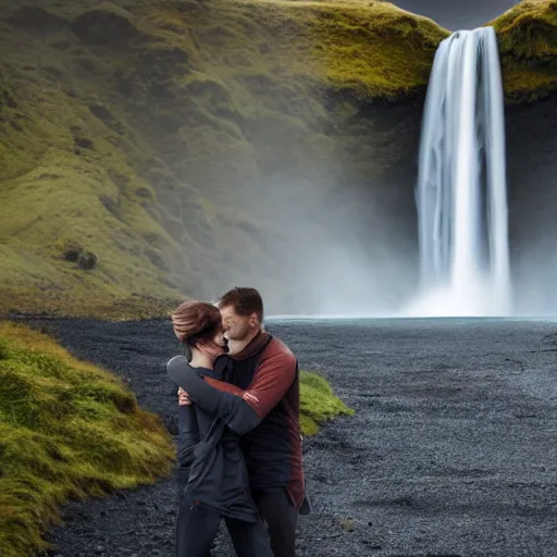 Image similar to a couple by icelandic waterfall Skógafoss, artstation, concept art, unreal engine, 8k, photorealistic