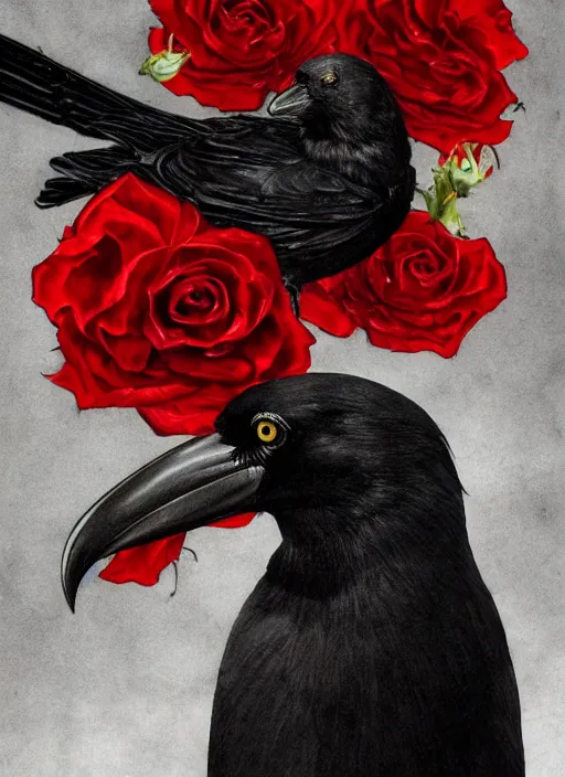 Image similar to portrait, A crow with red eyes in front of the full big moon, book cover, red roses, red white black colors, establishing shot, extremly high detail, foto realistic, cinematic lighting, pen and ink, intricate line drawings, by Yoshitaka Amano, Ruan Jia, Kentaro Miura, Artgerm, post processed, concept art, artstation, matte painting, style by eddie mendoza, raphael lacoste, alex ross