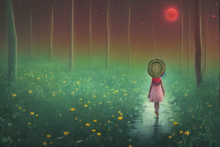 Image similar to giant daisy flower crown head, girl walking in forest, surreal photography, dark night, stars, moon light, impressionist painting, clouds, digital painting, artstation, simon stalenhag