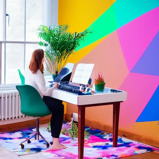 Image similar to portrait of a woman programming a computer, photograph of the whole room, colorful computer screen, home office with plants, colorful toys all over the floor, piano in the background, cosy, serene, morning light, very detailed, vivid colors, solid color background