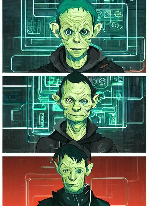 Image similar to portrait of gollum as hacker, netrunner cyberpunk, artstation, art by petros afshar, tom whalen, laurie greasley and greg rutkowski and ilya kuvshinov