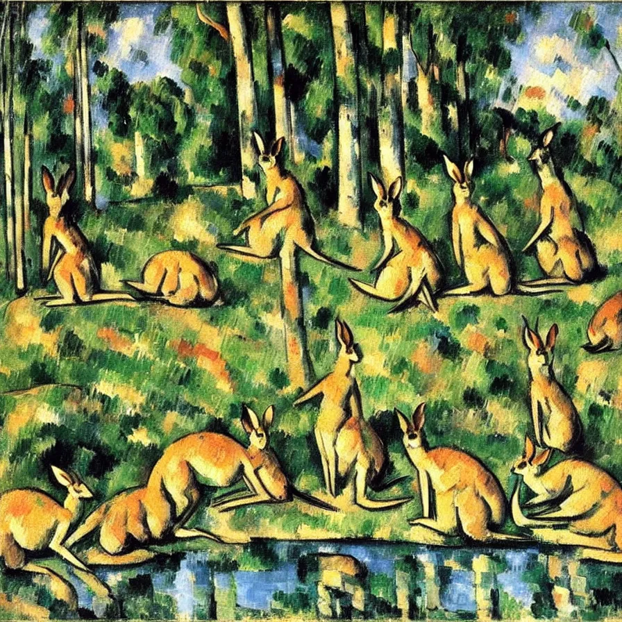 Image similar to five kangaroos bathing in a lake. an oil painting by paul cezanne