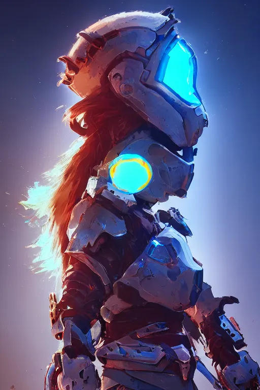 Image similar to combination suit armor aloy horizon forbidden west horizon zero dawn radiating a glowing aura global illumination ray tracing hdr fanart arstation by ian pesty and alena aenami artworks in 4 k tribal robot ninja mask helmet backpack