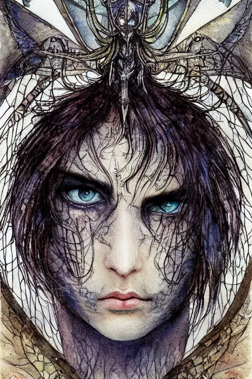 Image similar to dark fairy handsome male face closeup surrounded by a circular frame of bat wings, art by luis royo and walter crane and kay nielsen, watercolor illustration, ultra sharp focus