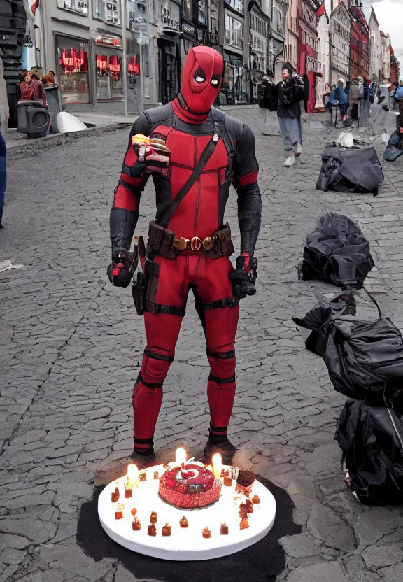 Prompt: still film, deadpool holding a birthday cake with a candle in the middle, on a street in bergen norway, high resolution, by greg rutkowski and greg staples