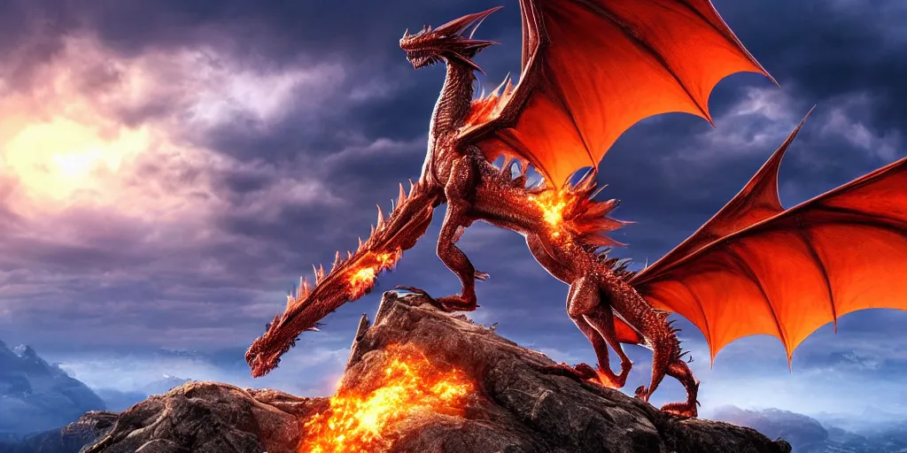 Image similar to A impressive single dragon with half open wings breathing fire and standing on the top of a mountain, epic composition, epic lighting, detailed and intricate image, cinematic, 4K